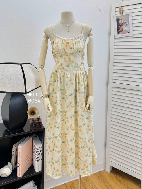 Ladies Spaghetti Straps Floral Print Long Dress